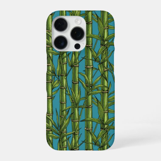 Coque iPhone 16 Pro Forêt de bambou sur fond bleu (Verso)