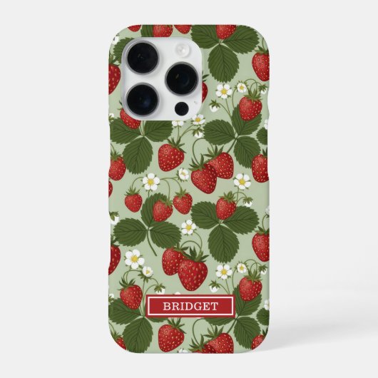 Coque iPhone 16 Pro Fraises sur monogramme vert (Verso)
