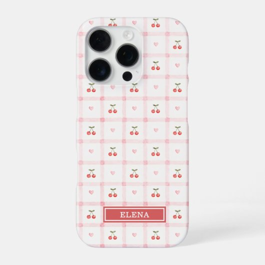 Coque iPhone 16 Pro Gingham Rouge avec Cerises et Rubans Monogrammé (Verso)