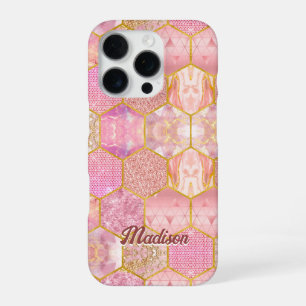 Coque iPhone 16 Pro Girly élégant faux rose géométrique doré rose pail