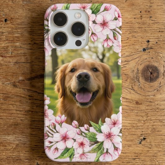 Coque iPhone 16 Pro Golden retriever custom photo with cherry blossom