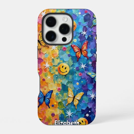 Coque iPhone 16 Pro Happy Flutter : Sourire Psychédélique (Verso)