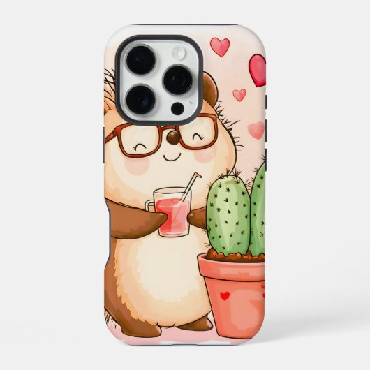 Coque iPhone 16 Pro Hérisson Cactus Chedgehog Aquarelle (Verso)