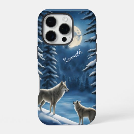 Coque iPhone 16 Pro Howling Wolf Silhouette contre Lune (Verso)