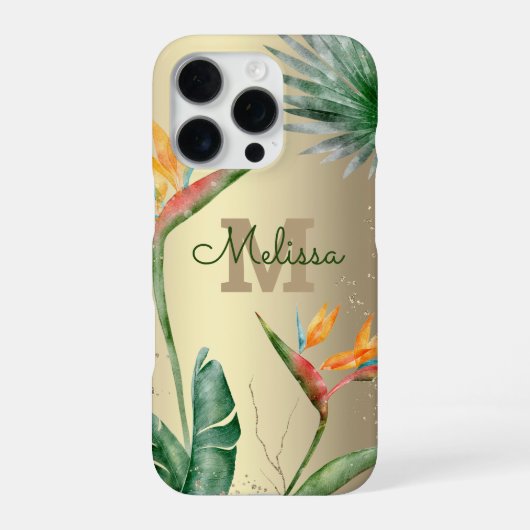 Coque iPhone 16 Pro Ile tropicale Monogramme floral Script Gold Foil (Verso)