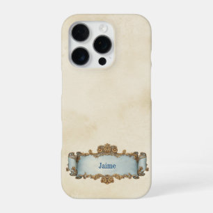 Coque iPhone 16 Pro Ivoire + Bleu Orné Scroll Style Vintage