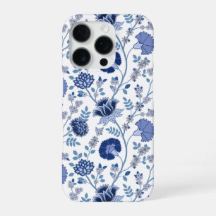 Coque iPhone 16 Pro Jacobean Floral Big Motif Blues sur blanc