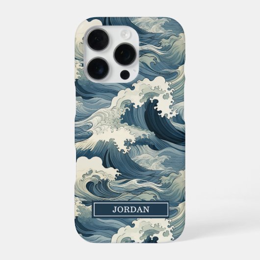 Coque iPhone 16 Pro Japanese Waves Pattern Monogrammed (Verso)