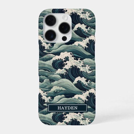Coque iPhone 16 Pro Japanese Waves Print Monogrammed (Verso)