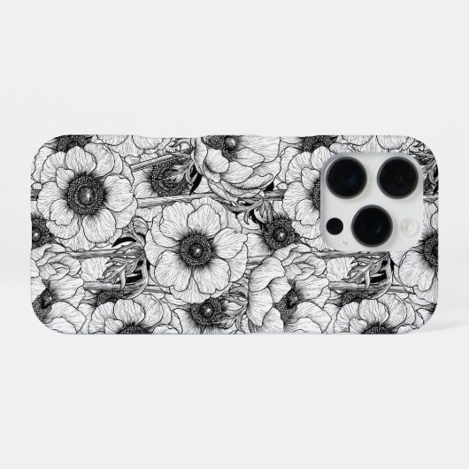 Coque iPhone 16 Pro Jardin d'anémones en noir et blanc (Verso Horizontal)