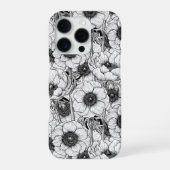 Coque iPhone 16 Pro Jardin d'anémones en noir et blanc (Verso)