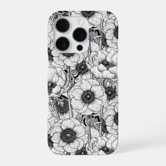 Coque iPhone 16 Pro Jardin d'anémones en noir et blanc (Verso)