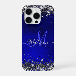 Coque iPhone 16 Pro Joli étui monogramme argent bleu royal faux paille