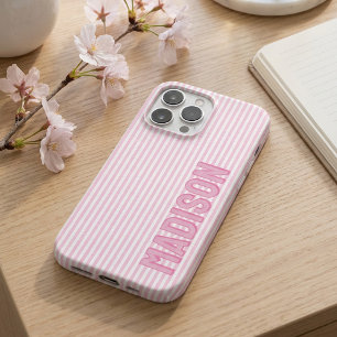 Coque iPhone 16 Pro Joli nom personnalisé avec rayures roses et blanch