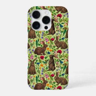 Coque iPhone 16 Pro Lapins et fleurs sauvages sur fond vert melon