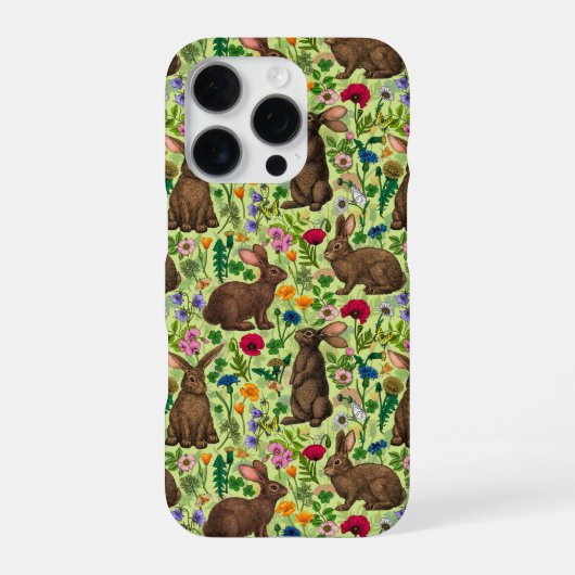 Coque iPhone 16 Pro Lapins et fleurs sauvages sur le vert miel (Verso)