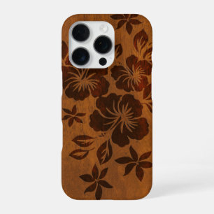 Coque iPhone 16 Pro Lilikoi Hibiscus Hawaïen Faux Bois Koa