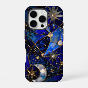 Coque iPhone 16 Pro Lune céleste Starry Night Vitrail