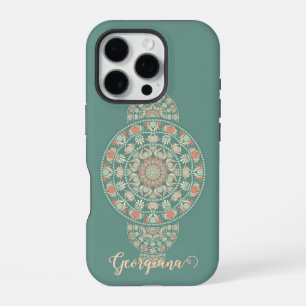 Coque iPhone 16 Pro Mandala ornemental rétro personnalisé Sage & Sand