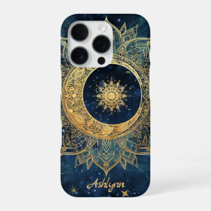 Coque iPhone 16 Pro Mandala personnalisé bleu céleste or soleil lune 