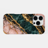 Coque iPhone 16 Pro marbre rose et or et vert foncé pailleté (Verso Horizontal)