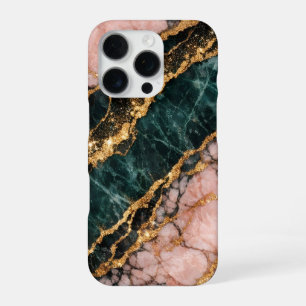Coque iPhone 16 Pro marbre rose et or et vert foncé pailleté