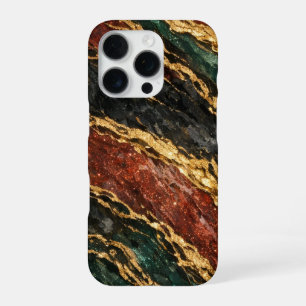 Coque iPhone 16 Pro marbre rouge et or et vert foncé pailleté