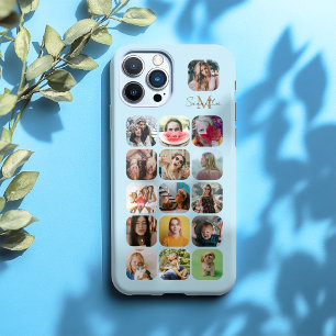 Coque iPhone 16 Pro Max 16 Collage Photo Monogramme & Bleu Pastel