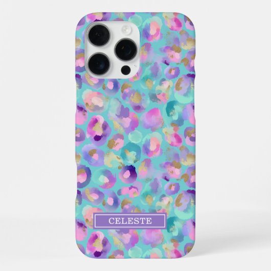 Coque iPhone 16 Pro Max Aqua Iridescent Imprimé Léopard Monogrammé (Verso)