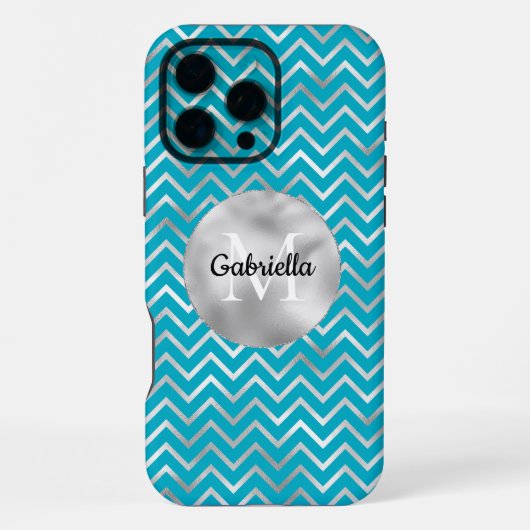 Coque iPhone 16 Pro Max Aqua Silver Zigzag Stripes Monogramme (Verso)
