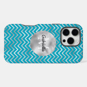 Coque iPhone 16 Pro Max Aqua Silver Zigzag Stripes Monogramme (Verso Horizontal)