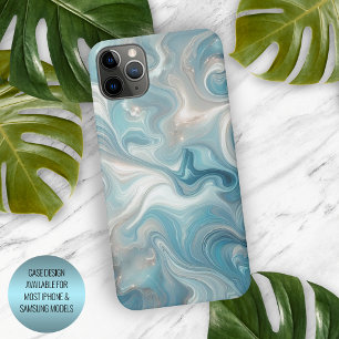 Coque iPhone 16 Pro Max Aqua Turquoise Bleu Blanc Argent Marbre