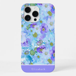 Coque iPhone 16 Pro Max Aquarelle Bush Fleur sauvage bleu romantique