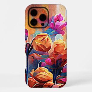 Coque iPhone 16 Pro Max Art Abstrait Floral Fleurs Orange Rouge Bleu