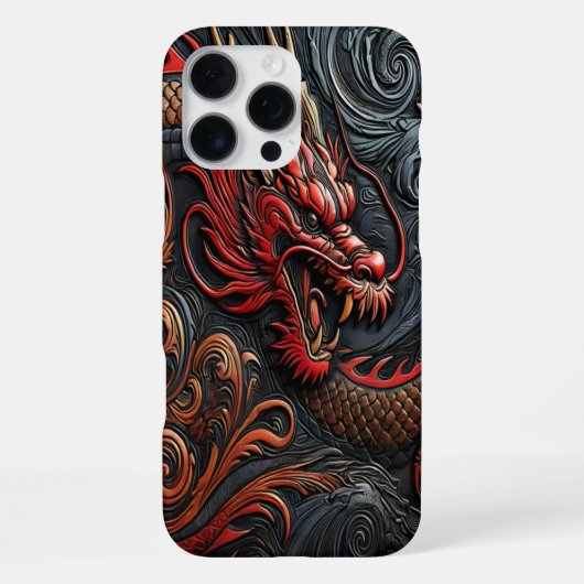 Coque iPhone 16 Pro Max Art du relief du dragon rouge féroce (Verso)