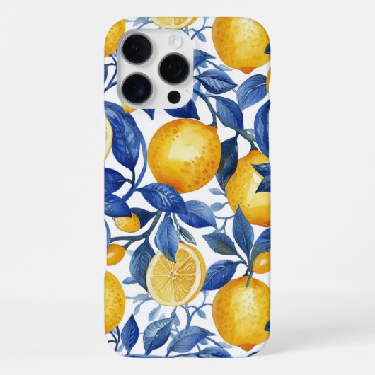 Coque iPhone 16 Pro Max Azulejo Lemons Feuilles bleus (Verso)