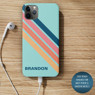 Coque iPhone 16 Pro Max Bandes de style rétro personnalisées bleu corail o