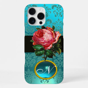 COQUE iPhone 16 PRO MAX BEAU ROSE ROSE BLEU TURQUOISE DAMASK GEM MONOGRAM