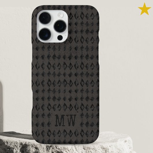 Coque iPhone 16 Pro Max Black Gray Doodle Diamond Pattern Custom Monogram
