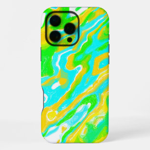 Coque iPhone 16 Pro Max Blue Green Jaune coloré Marbre Abstrait Liquide