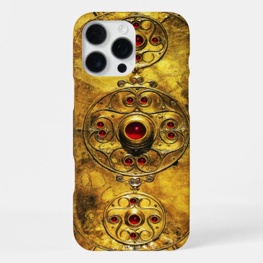 COQUE iPhone 16 PRO MAX BOUCLIER ANTIQUE CELTIQUE AVEC PIERRES DE GEM RUBY (Verso)