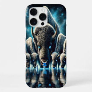 Coque iPhone 16 Pro Max Buffles Bisons Buvant Sous une Lueur Cosmique