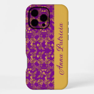 Coque iPhone 16 Pro Max Cadeau personnalisé royal violet or baroque floral