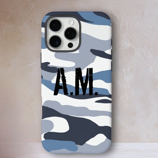 Coque iPhone 16 Pro Max Camouflage armée Monogramme bleu