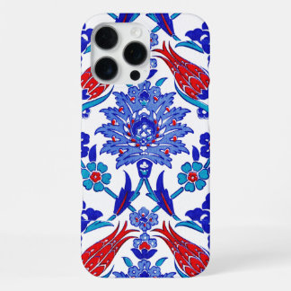 Coque iPhone 16 Pro Max Carreau floral turc ancien bleu turquoise rouge