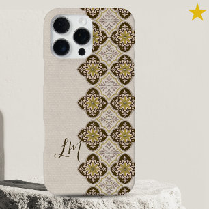 Coque iPhone 16 Pro Max Carreaux Portugais Jaunes Marron Jolis Monogramme