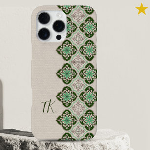 Coque iPhone 16 Pro Max Carreaux portugais verts bleus frais et chic Monog
