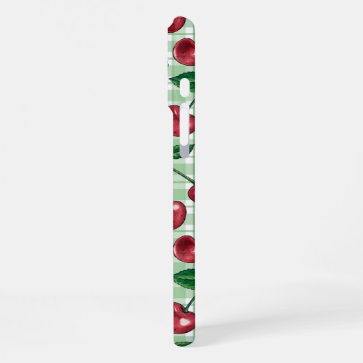 Coque iPhone 16 Pro Max Cerises rouges sur en vichy vert clair (Côté gauche)