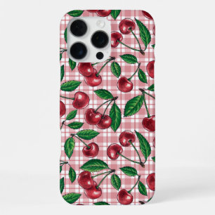 Coque iPhone 16 Pro Max Cerises rouges sur vichy rose
