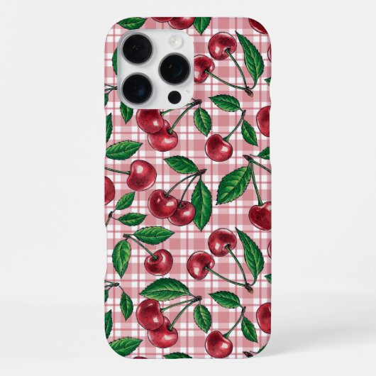 Coque iPhone 16 Pro Max Cerises rouges sur vichy rose (Verso)
